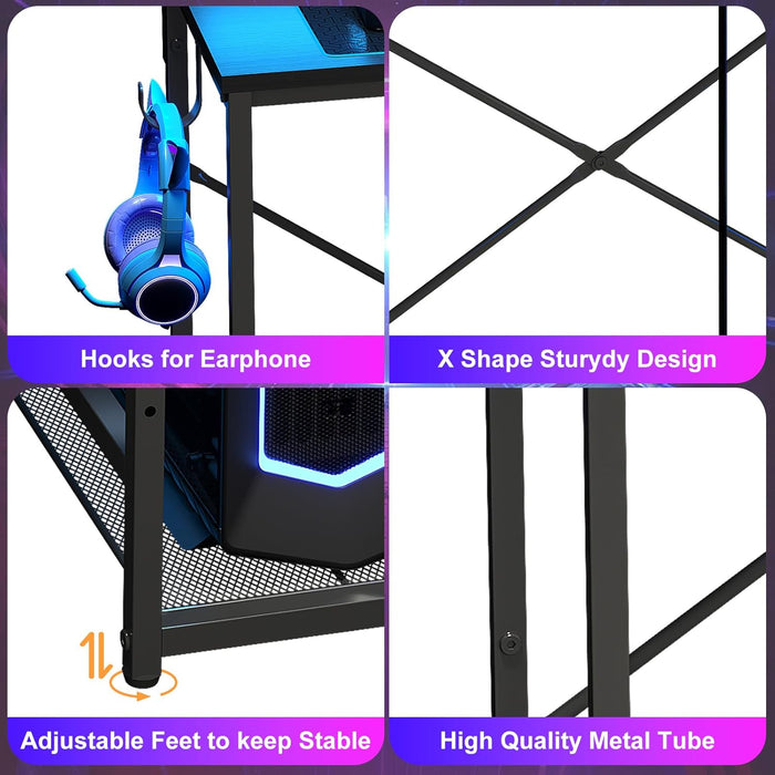 33.5" Small Gaming Desk with LED Lights & Power Outlets, Compact Computer Desk with Monitor Stand & CPU Stand, Gamer Table with Storage Drawer, Side Hooks for Home Office, Bedroom, Black
