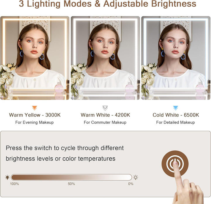 Makeup Vanity Desk with Mirror & LED Lights, Large Glass Top Vanity Table with 7 Drawers & 3 Cabinets, Modern Dressing Table with Charging Station & RGB Lights for Bedroom, White