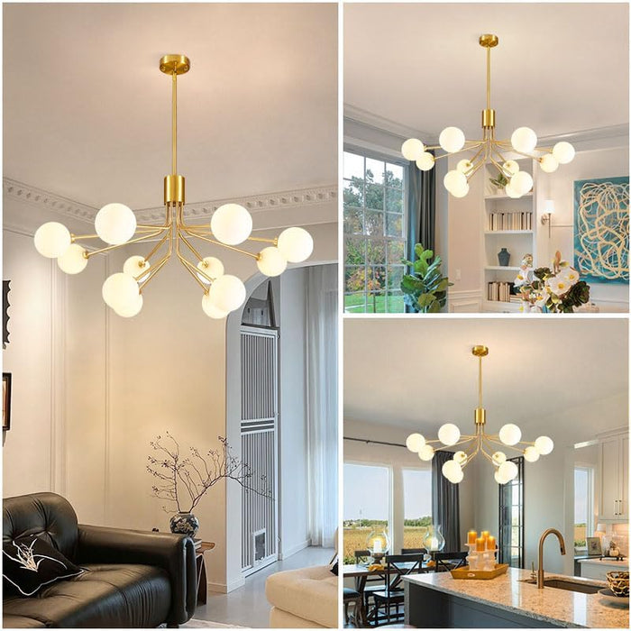 Gold Modern Chandelier 12-Light Glass Globe Ceiling Light Fixtures Mid Century Modern Sputnik Chandelier for Dining Room Kitchen Island Bedroom Living Room