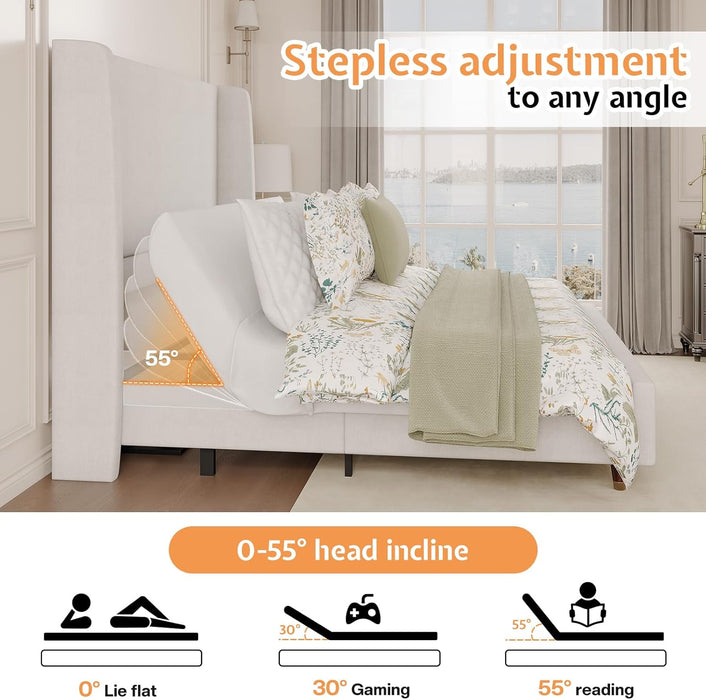 Adjustable Bed Frame Full Size with 50" Upholstered Wingback Headboard, Reclining Base for Daily Recovery and Comfort, No Box Spring Needed, Easy Assembly,White