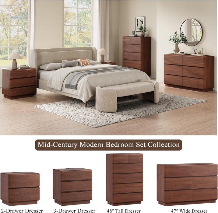 Walnut 6 Drawer Dresser for Bedroom, 48" Tall Dressers & Chest of Drawers with Curved Profile Design, Modern Dresser with Thickened Base for Bedroom, Living Room, Hallway