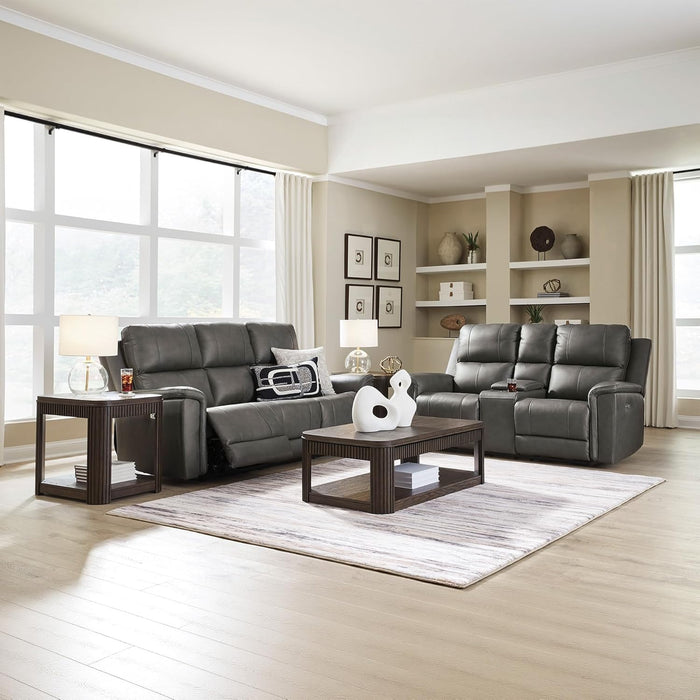 Signature Design by Ashley Burnley Contemporary Leather Match Power Reclining Sofa with Adjustable Headrest and USB Charging Port, Gray