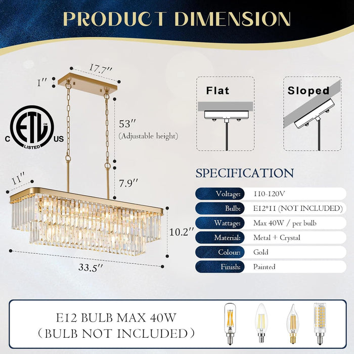 Gold Crystal Chandelier 11 Lights Rectangular Fixture