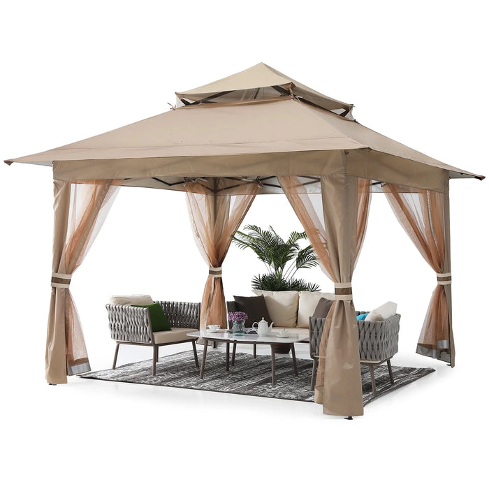 13'X13' Gazebo Tent Outdoor Pop up Gazebo Canopy Shelter with Mosquito Netting, Khaki