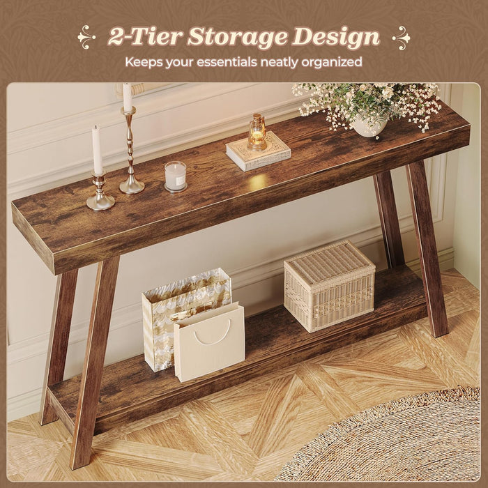 Console Table with Charging Station, USB-C Port, 2 Tiers Entryway Table, 53.9 Inch Sofa Table with Metal Legs, Entry Hallway Table with Thicker Desktop, Modern behind Couch Table, Rustic Brown