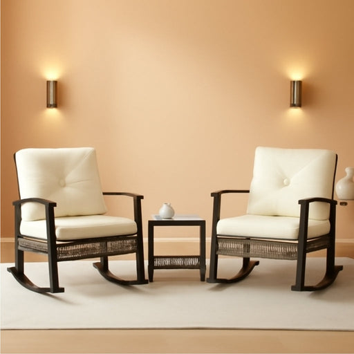 3-Piece Patio Rocking Chairs Set of 2, Rocking Chair Bistro Set [Upgraded 2.0] & 2-Tier Coffee Table, Wicker Rocking Chair Outdoor Patio Furniture Set for Backyard, Porch, Balcony (Beige)