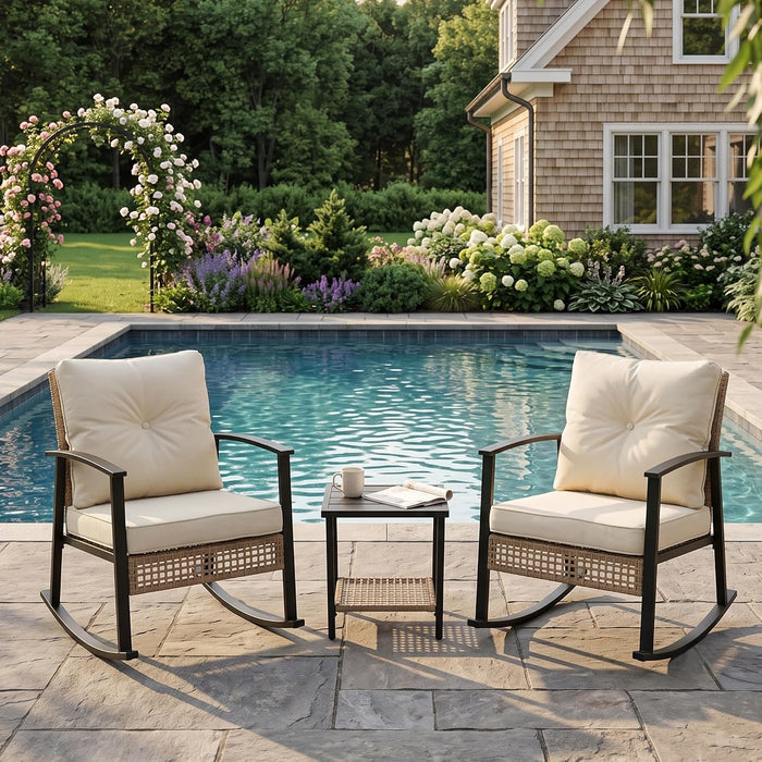 3-Piece Patio Rocking Chairs Set of 2, Rocking Chair Bistro Set [Upgraded 2.0] & 2-Tier Coffee Table, Wicker Rocking Chair Outdoor Patio Furniture Set for Backyard, Porch, Balcony (Beige)