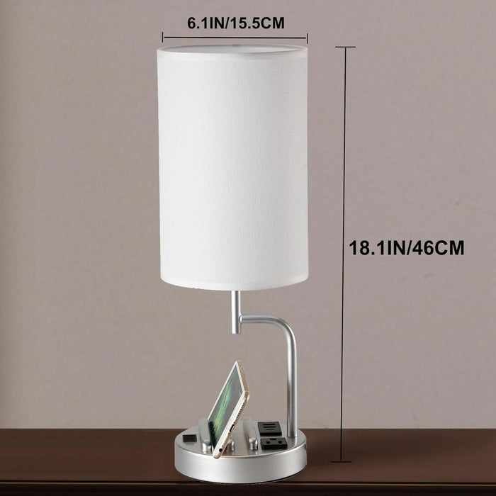 Table Lamp with 3 USB Charging Ports, Modern Desk Lamp with AC Outlet and Phone Stands, Perfect Bedside Lamp for Bedroom, Living Room, Office (Pack of 2), Silver