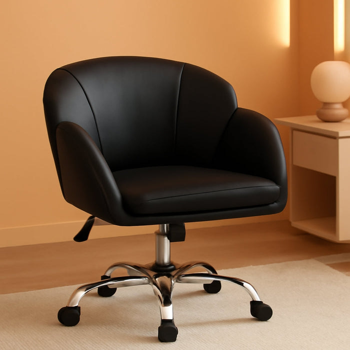 Cute Petal Desk Chair Home Office Swivel Upholstered Leather Makeup Vanity Desk Chair with Armrests for Bedroom Modern Computer Rolling Chair for Women Black