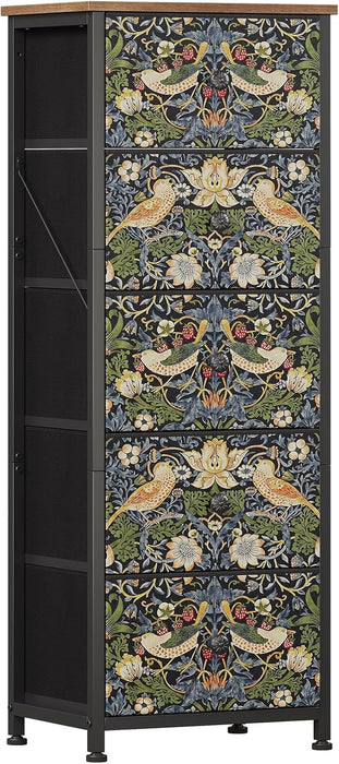 Dresser with 5 Fabric Drawers Strawberry Thief Drawer Dresser for Bedroom Vintage Nightstand Dressers & Chests of Drawer for Halfway Entryway Living Room Sturdy Steel Frame Wood Top, Brown