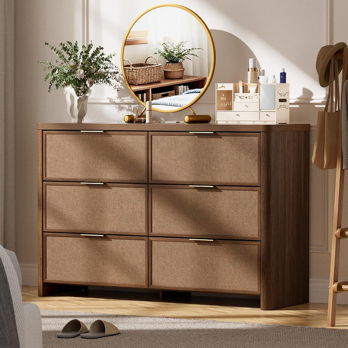 Rattan 6 Drawer Dresser for Bedroom,47.2" Wide,Walnut,Modern Chest of Drawers with 6 Large Storage Space and Curved Edge Design, 6 Drawer Large Dresser for Bedroom