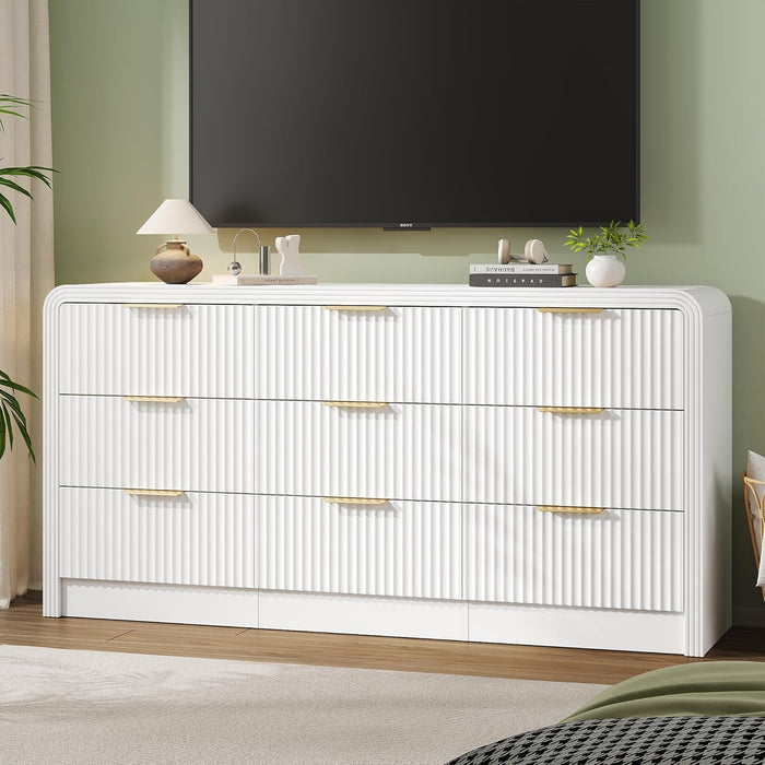 Fluted 9 Drawers Dresser, 63'' Wide Modern Chest of Drawers with round Edge & Metal Handle, Wood Drawer Organizer for Bedroom, Living Room, White