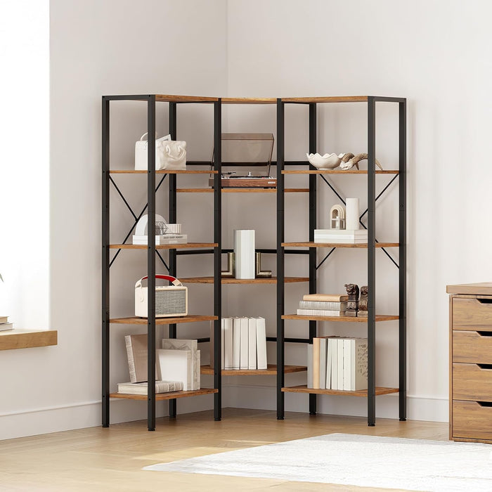 LShaped Corner Bookshelf 5Tier Beveled Edge DarkBrown