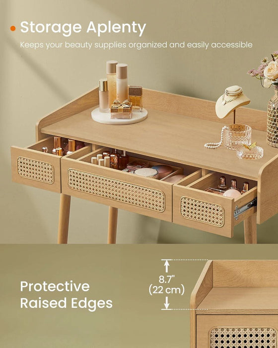 Vanity Desk with Mirror and Lights, Boho Makeup Vanity Table with 3 Rattan-Look Drawers, Dimmable Touch Control Light with 3 Color Temperatures, for Bedroom, Oak Beige