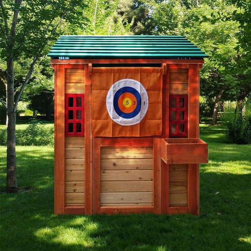 Outdoor Playhouse for Age 3-8 Years Boy Girl, Wooden Cottage Playhouse with 4 Game Awning Window, Ball Wall & Tetris. Play House for Outdoor Garden, Lawn, Patio, Yard.