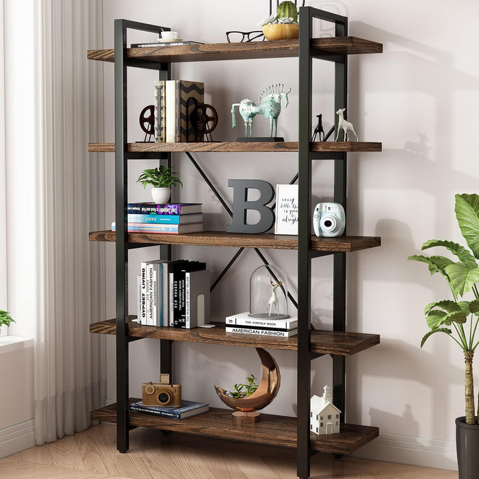 5-Tier Industrial Style Solid Wood Bookcase and Book Shelves,Rustic Wood and Metal Shelving Unit， Living Room,Modern Rustic Open Industrial Book Shelf Office,Distressed Brown (Ay-02-5Tier)