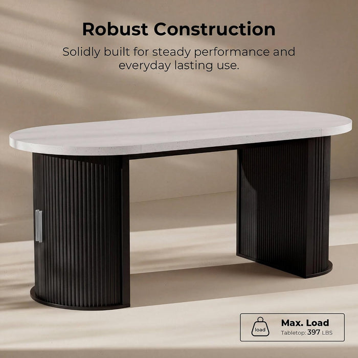 71" Oval Dining Table with Storage, Fluted Base, Black | Seats 4-6 for Daily Dining and up to 8 for Gatherings; 397 Lb Capacity, Hidden Storage, and Faux Quartz Finish.