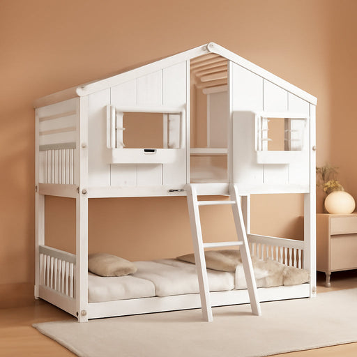 White SolidWood Playhouse BunkBed TwinOverTwin WithRoof Kids