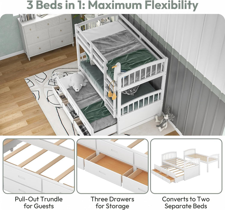 Harper&Bright Designs Twin over Twin Bunk Bed with Safety Rail, Ladder, White Twin Trundle Bed with 3 Drawers for Kids, Teens Bedroom, Guest Room Furniture