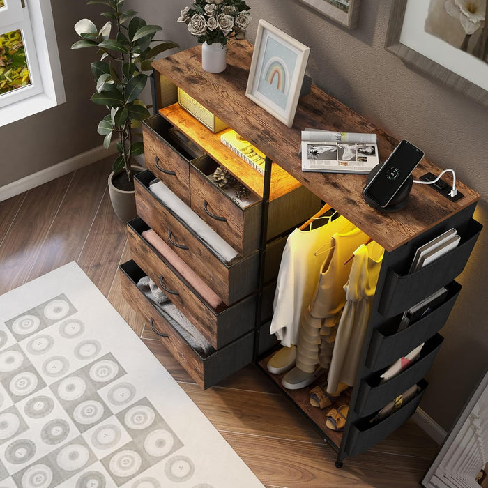 Dresser for Bedroom with Clothes Rack Side Pockets 5 Drawer Dresser with Charging Station LED Lights Black Storage Chest of Drawers for Hallway Closet Sturdy Steel Frame Wood Top (Brown)
