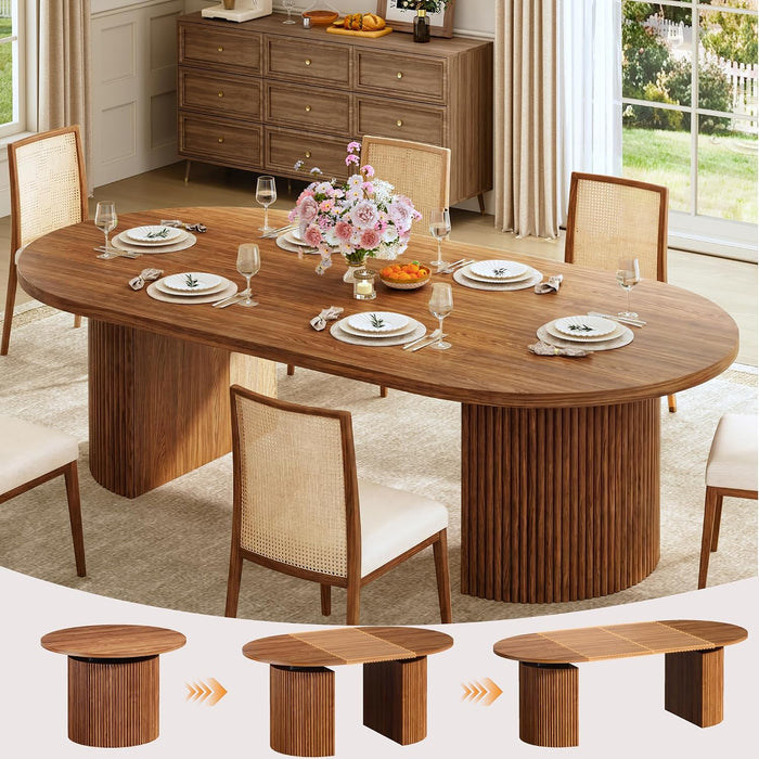 Extendable round Dining Table for 4-8, 39In-77In Long Large Kitchen Table with Fluted Base, Space Saving Modern Farmhouse Oval Dinner Tables for Dining Room, Kitchen, Living Room, Brown