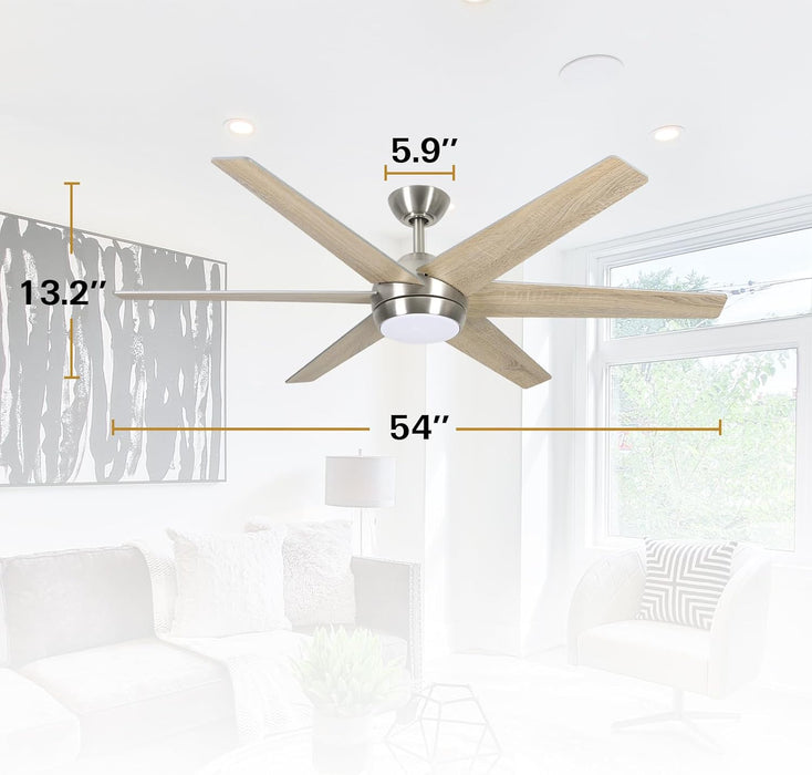 54 Inch Indoor Modern Ceiling Fan with Integrated LED Lights and Remote Control, 6 Blades, 6 Speed, Dimmable, 3CCT, Quiet Reversible Motor Ceiling Fan, Brushed Nickel