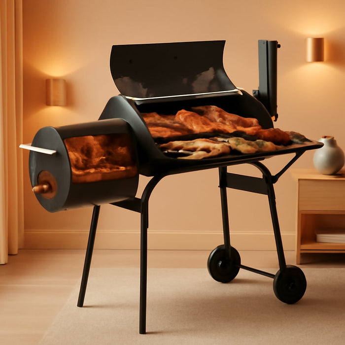 BBQ Charcoal Grill, Outdoor Heavy Duty Cooker Oven Barbecue Grill with Offset Smoker & Thermometer, Wheels and Tray for Patio Balcony Picnics, Party and Camping