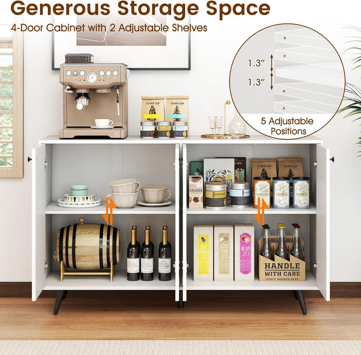 Sideboard Buffet Cabinet, 50’’ Accent Kitchen Storage Cabinet with 4-Door & 5-Position Adjustable Shelves, Modern White Sideboard with 5 Support Legs, Buffet Table for Coffee Bar, Living Room