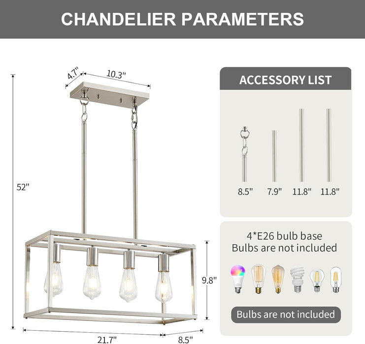 4-Light Dining Room Light Fixture Farmhouse Chandelier Brushed Nickel Modern Kitchen Island Pendant Lights Rectangular Hanging Lights Adjustable Height Metal E26 Base