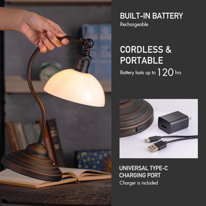 Bankers - Cordless LED Table Lamp, Battery-Operated, Rechargeable, 3-Level Dimming, Universal USB-C Charging, 180° Swivel Head, White Jade Glass Shade, Oil Rubbed Bronze