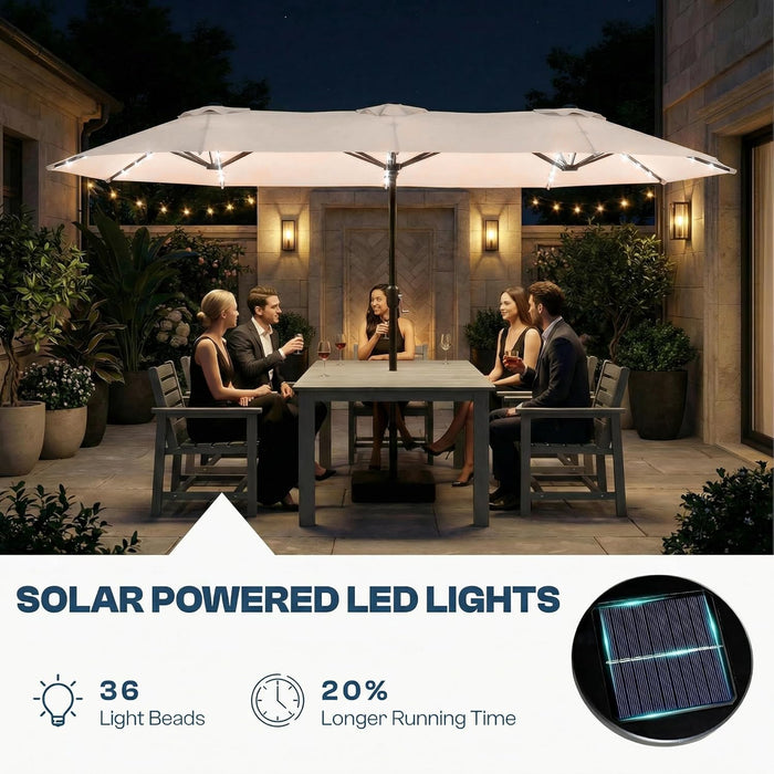 15FT Large Outdoor Patio Umbrella with Solar Lights and Base, Double-Sided Table Umbrellas with 48 LED Lights, Rectangle Market Umbrella for Pool, Deck, Backyard