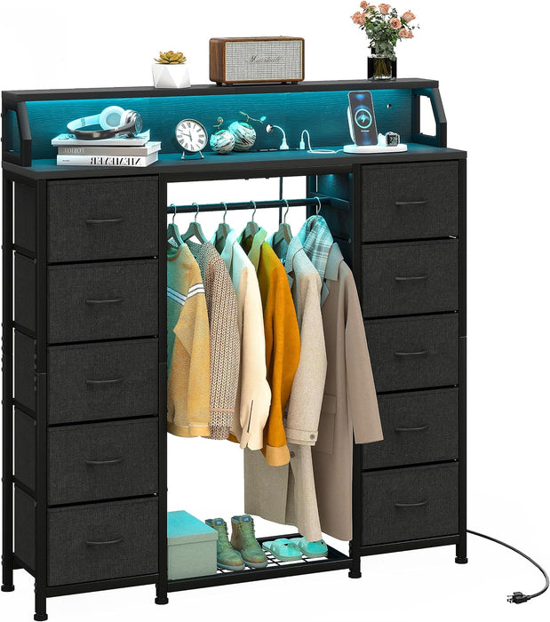 51" Dresser with Hanging Rack, 10 Drawers Closet Dresser