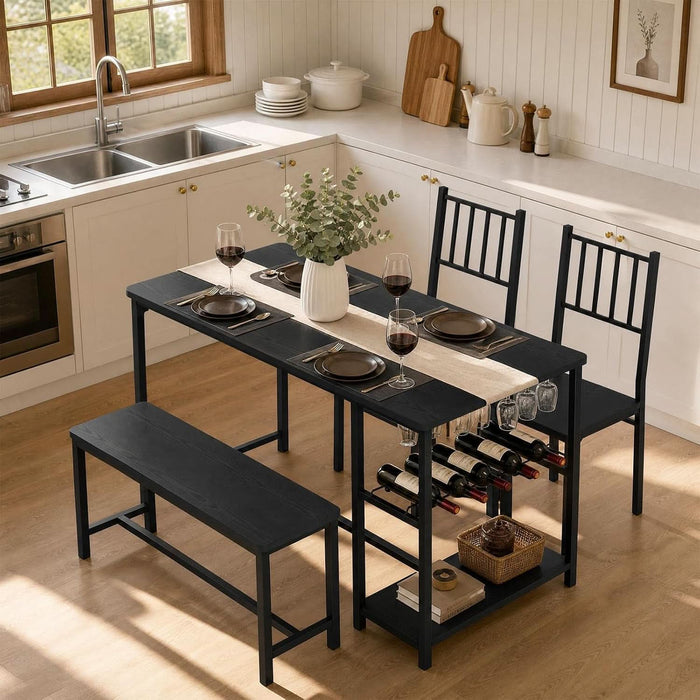 55-Inch Dining Table Set for 4 with Bench, Wine Rack, Black