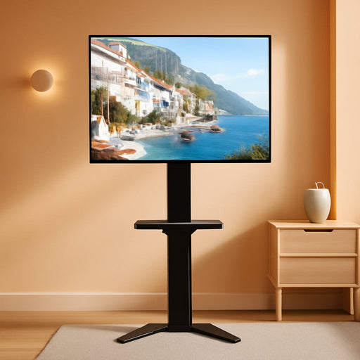 Ultra Slim Floor TV Stand for 37–86 Inch Tvs, Modern Curved Base with Shelf, Adjustable Height & Tilt, Space-Saving Design with Cable Management, Fits VESA 600X400Mm, Black