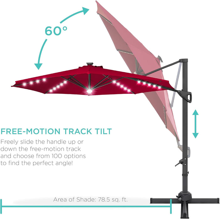 10Ft Solar LED Cantilever Patio Umbrella, 360-Degree Rotation Hanging Offset Market Outdoor Sun Shade for Backyard, Deck, Poolside W/Lights, Easy Tilt, Cross Base