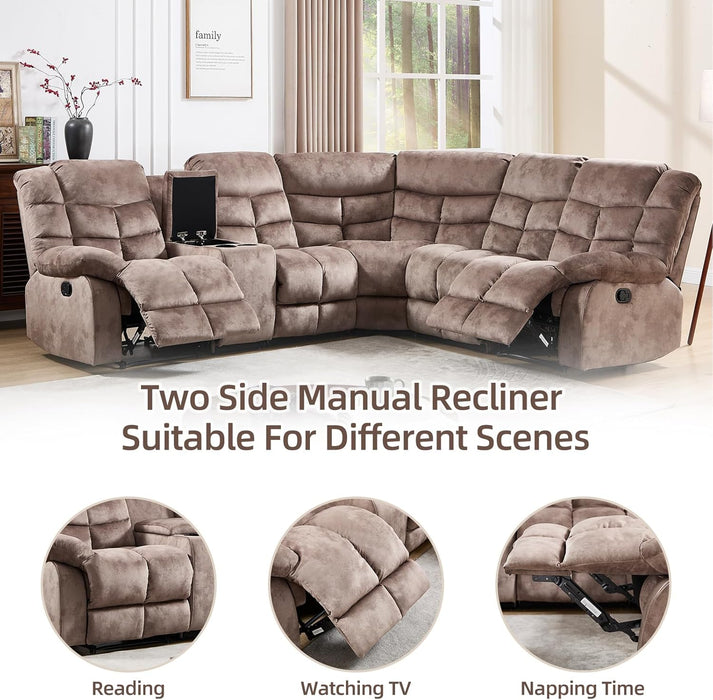 Manual Reclining Sectional Sofa Set for Living Room, Soft Fabric Recliner Corner Sectional Couch with Center Console, Cup Holder and Storage, Brown