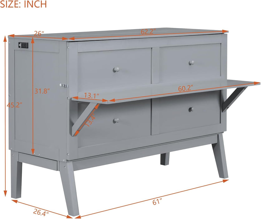 Murphy Bed Chest Queen Size,Cabinet Hideaway Bed with USB Port and Removable Shelves on Each Side,Wood Wall Can Be Folded,Platform Bedframe for Kids Bedroom,Student Dorms,Gray