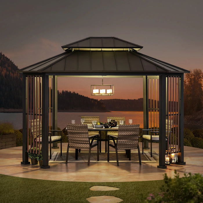 Sunjoy 11 X 13 Ft. Hardtop Gazebo Outdoor 2-Tier Steel Hardtop Metal Gazebo with Dual Rails and Ceiling Hook, Suitable for Patio & Backyard, Grey