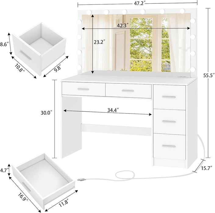 47.2" Large Vanity Desk with Mirror & 14 LED Lights, Makeup Vanity Table with 5 Drawers & Charging Station, Makeup Vanity Desk, 3 Lighting Colors, Dressing Vanity Table for Bedroom, White