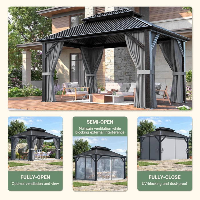 10'X12' Outdoor Gazebo Hardtop Grill Gazebo Aluminum Galvanized Steel Double Roof Outdoor Pergola Include Curtain and Netting for Backyard, Patio, Lawn