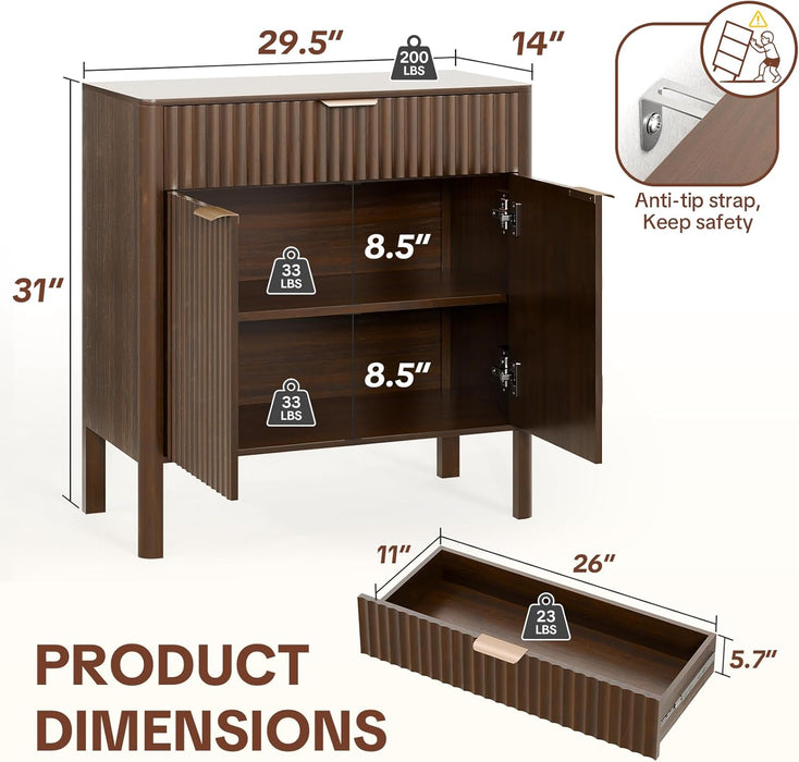 Fluted Buffet Cabinet Accent with Doors & Drawer 31" Walnut | Anti-Tipping Design, Scratch & Water-Resistant, Pre-Drilled Easy Assembly Versatile for Kitchen, Entryway & Living Room