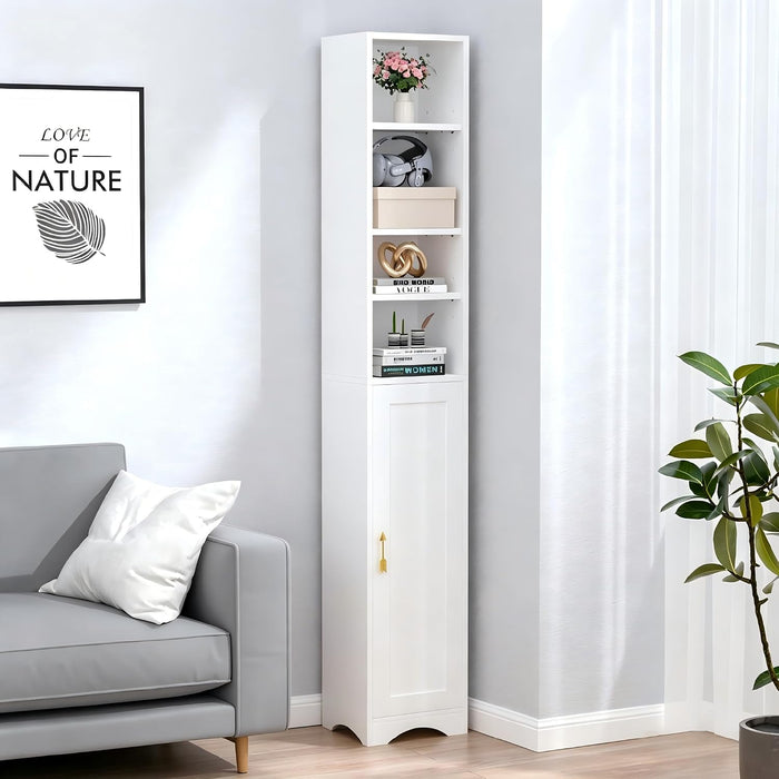71" Tall Narrow Bookshelf with Door, 8-Tier Adjustable Shelves Bookcase, Freestanding Storage Cabinet with Raised Base for Living Room Bathroom Office, White
