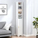 71" Tall Narrow Bookshelf with Door, 8-Tier Adjustable Shelves Bookcase, Freestanding Storage Cabinet with Raised Base for Living Room Bathroom Office, White