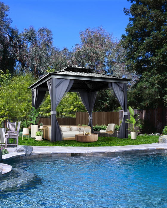 10X10 Hardtop Gazebo, Outdoor Patio Gazebo with Galvanized Steel Double Roof, Aluminum Frame Pavilion with Curtains and Netting, UPF 50 Metal Shelter for Backyard Deck Garden Lawn, Gray