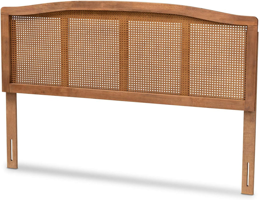 Marieke Mid-Century Modern Ash Wanut Finished Wood and Synthetic Rattan Queen Size Headboard