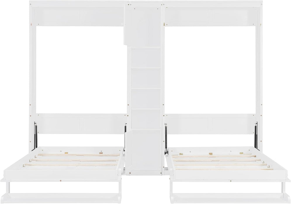 Dual Twin Size Murphy Bed, Twin Wall Beds with Cabinets and Shelves, White