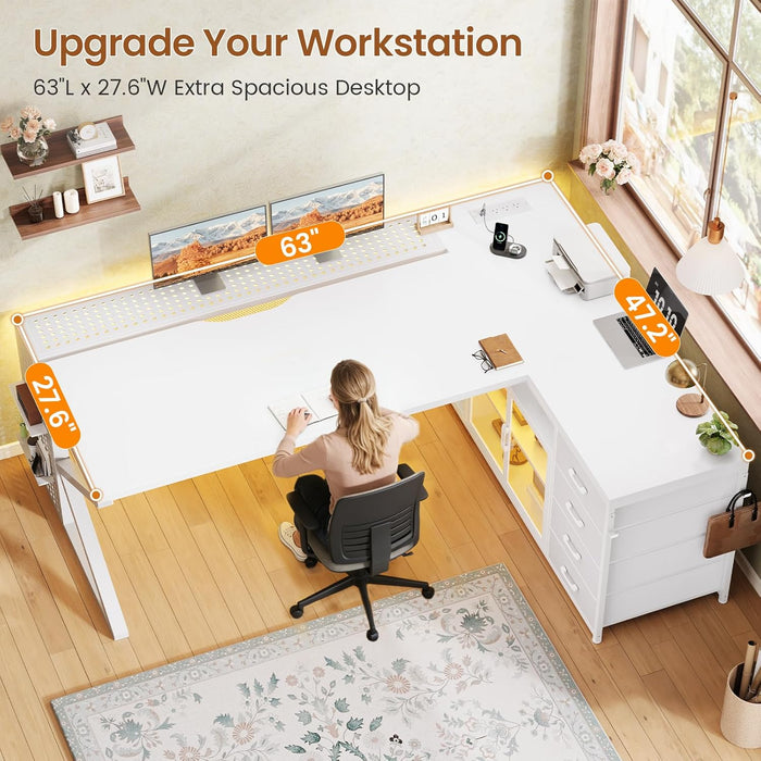 L Shaped Gaming Desk, 63" Lx27.6 W Computer Desk with 4 Drawers & Display Cabinet, Executive Office Desk with Storage Shelves & LED Light for Home Office, White