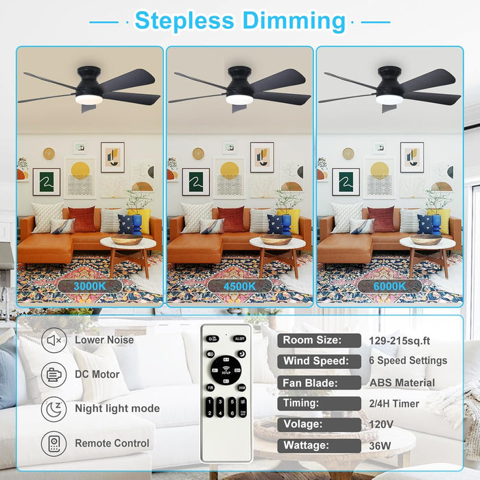 Modern Ceiling Fan with Light: 42-Inch Black Small Fans for Bedroom Indoor Outdoor - Dimmable Low Profile Ceiling Fans with Remote Control Flush Mount 5 Reversible Black Blades 6 Speeds Timer