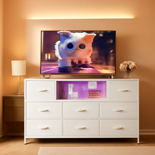 White Dresser for Bedroom, TV Stand for Bedroom for 55 Inch TV with Charging Station and LED Lights, Fabric Chest of Drawers with Open Shelves, 8 Drawers Dressers for Living Room, Closet