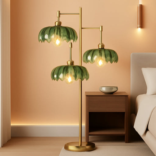 Gold Floor Lamp for Living Room Bedroom,Modern Floor Lamps with Unique Green Glass Shades,3 Lights Mid Century Tall Standing Lamp,Vintage Tree Flower Floor Lamp for Corner Office Reading